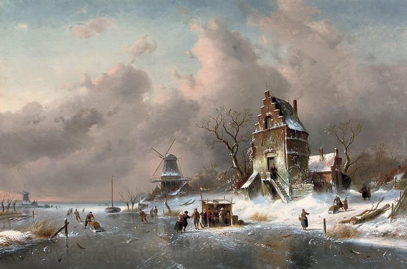 Charles Leickert Numerous skaters near a koek-en-zopie on a frozen waterway by a mansion, France oil painting art